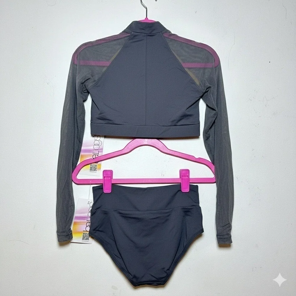BalTogs Gray mesh Long Sleeve Two-Piece charcoal dance dancewear outfit NWT CL